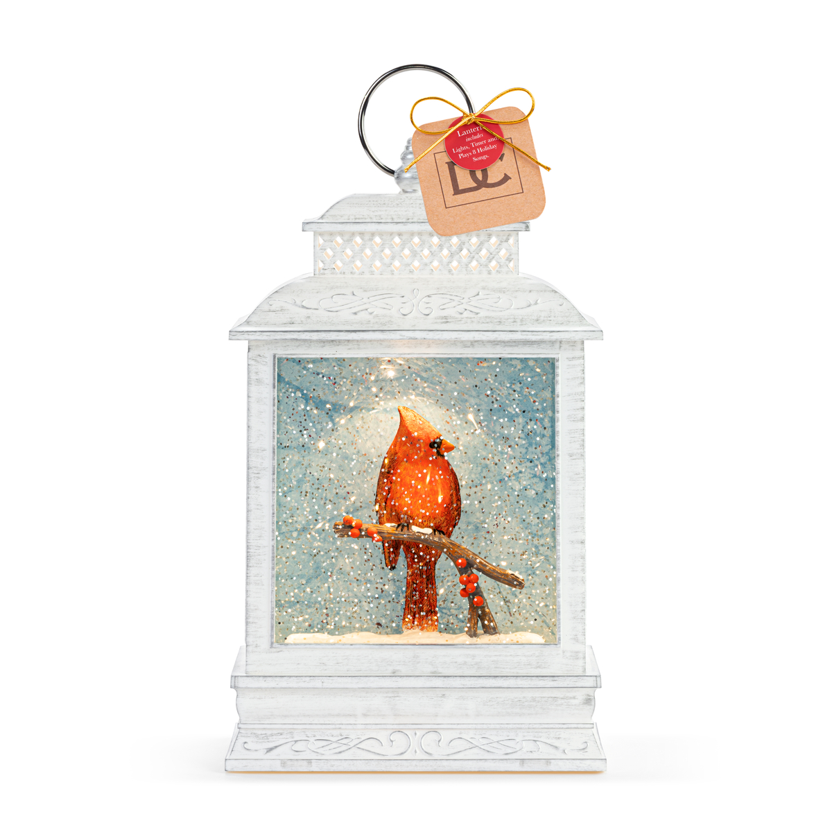 Lit Cardinal and Holly Lantern